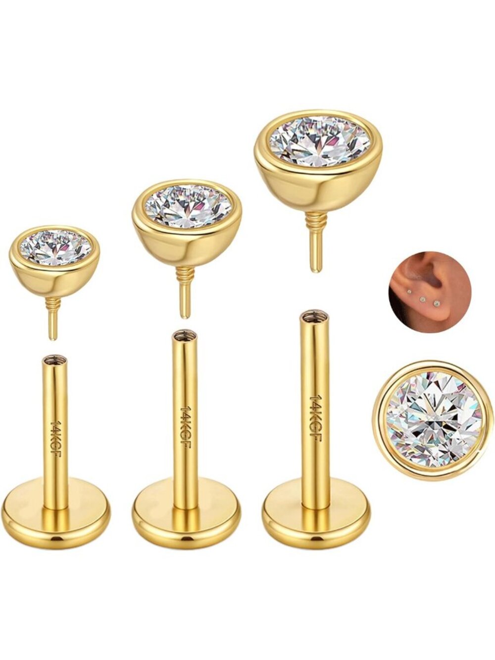 3PCS Moissanite Cartilage Earrings Set - 18G Threaded Titanium Studs